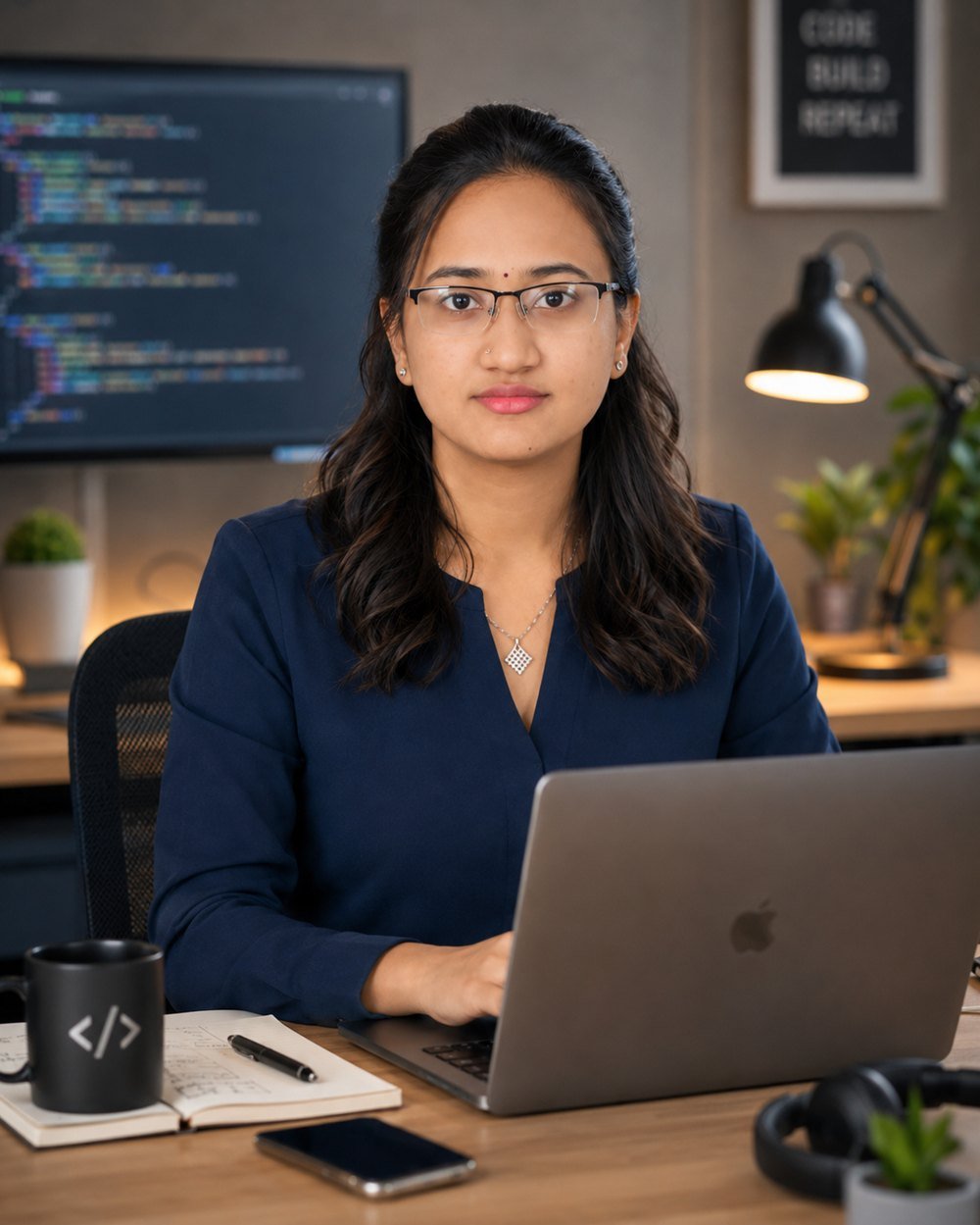 Harika Behara at her desk